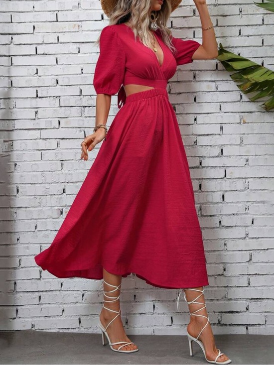SHEIN Dresses & Skirts - SHEIN Red Cut-Out Midi Dress with Puff Sleeves – Size Medium